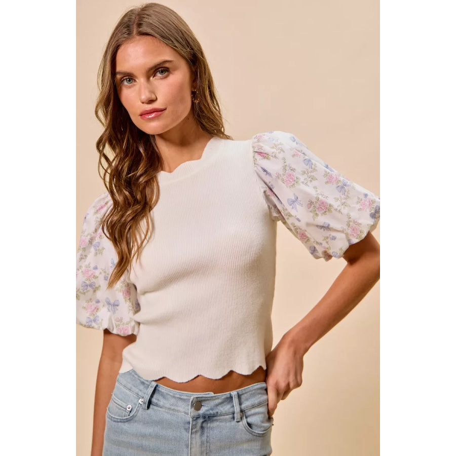 SO ME Floral Cotton Contrast Sleeves Scallop Sweater Top Apparel and Accessories
