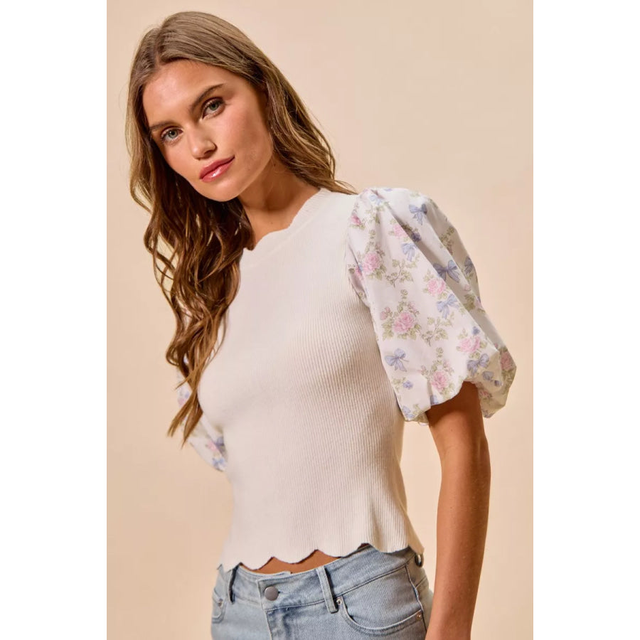 SO ME Floral Cotton Contrast Sleeves Scallop Sweater Top WHITE / S Apparel and Accessories