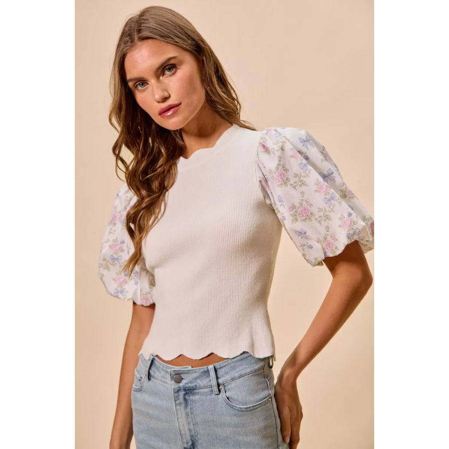 SO ME Floral Cotton Contrast Sleeves Scallop Sweater Top Apparel and Accessories