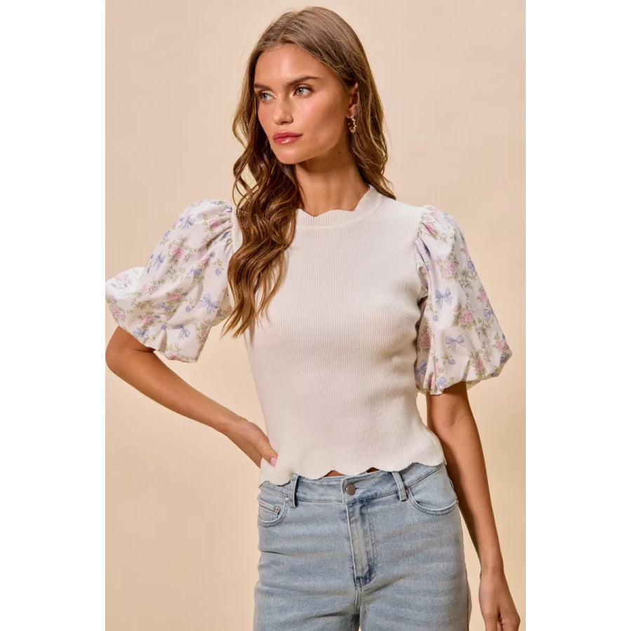 SO ME Floral Cotton Contrast Sleeves Scallop Sweater Top Apparel and Accessories