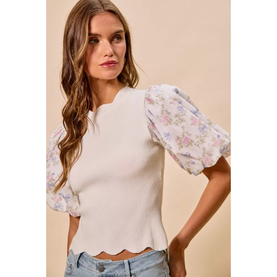 SO ME Floral Cotton Contrast Sleeves Scallop Sweater Top Apparel and Accessories