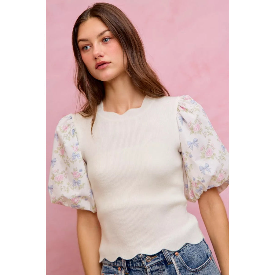 SO ME Floral Cotton Contrast Sleeves Scallop Sweater Top Apparel and Accessories