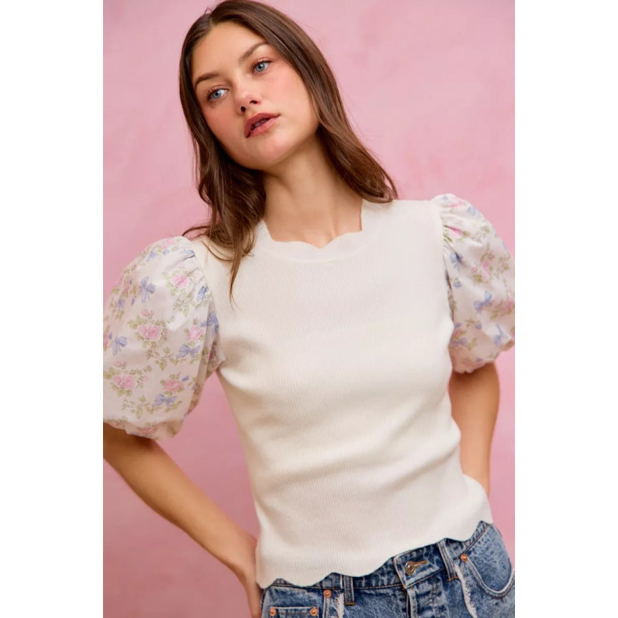 SO ME Floral Cotton Contrast Sleeves Scallop Sweater Top Apparel and Accessories