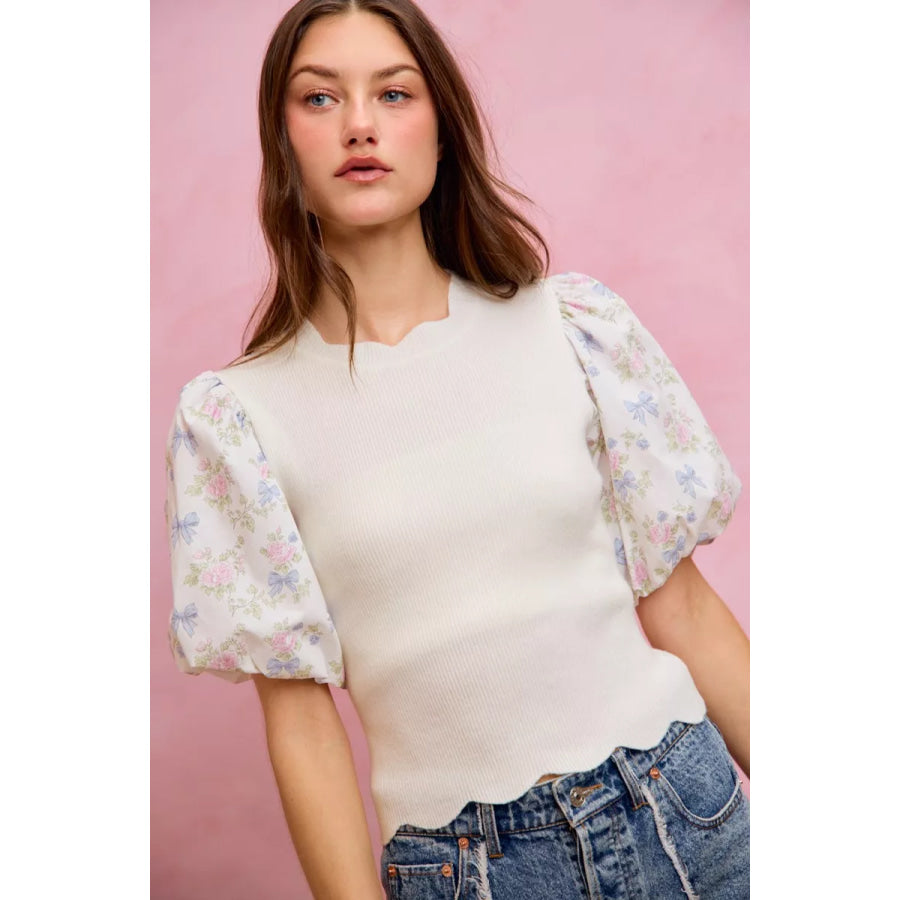 SO ME Floral Cotton Contrast Sleeves Scallop Sweater Top WHITE / S Apparel and Accessories