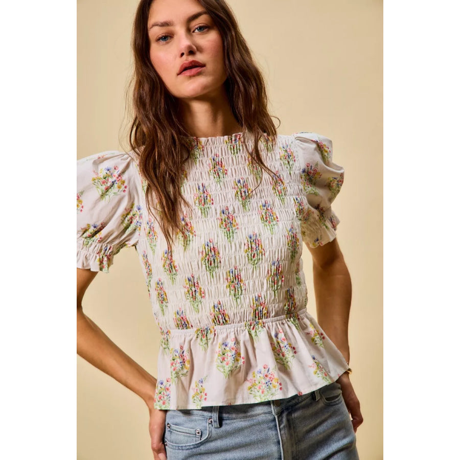 SO ME Floral Cotton Smocked Short Sleeves Blouse Apparel and Accessories