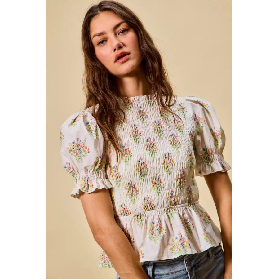 SO ME Floral Cotton Smocked Short Sleeves Blouse Apparel and Accessories