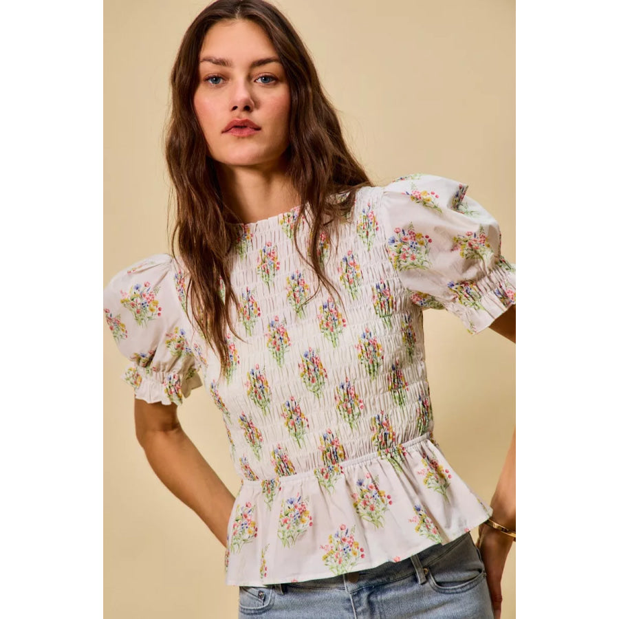 SO ME Floral Cotton Smocked Short Sleeves Blouse IVORY / S Apparel and Accessories