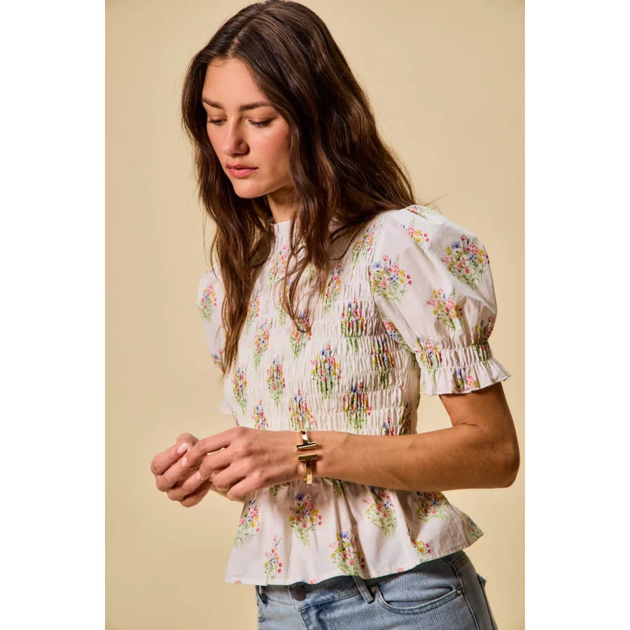SO ME Floral Cotton Smocked Short Sleeves Blouse Apparel and Accessories