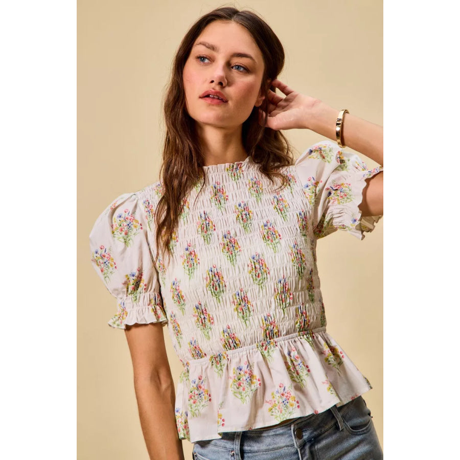 SO ME Floral Cotton Smocked Short Sleeves Blouse Apparel and Accessories