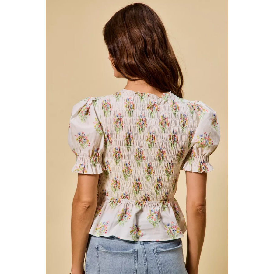 SO ME Floral Cotton Smocked Short Sleeves Blouse Apparel and Accessories