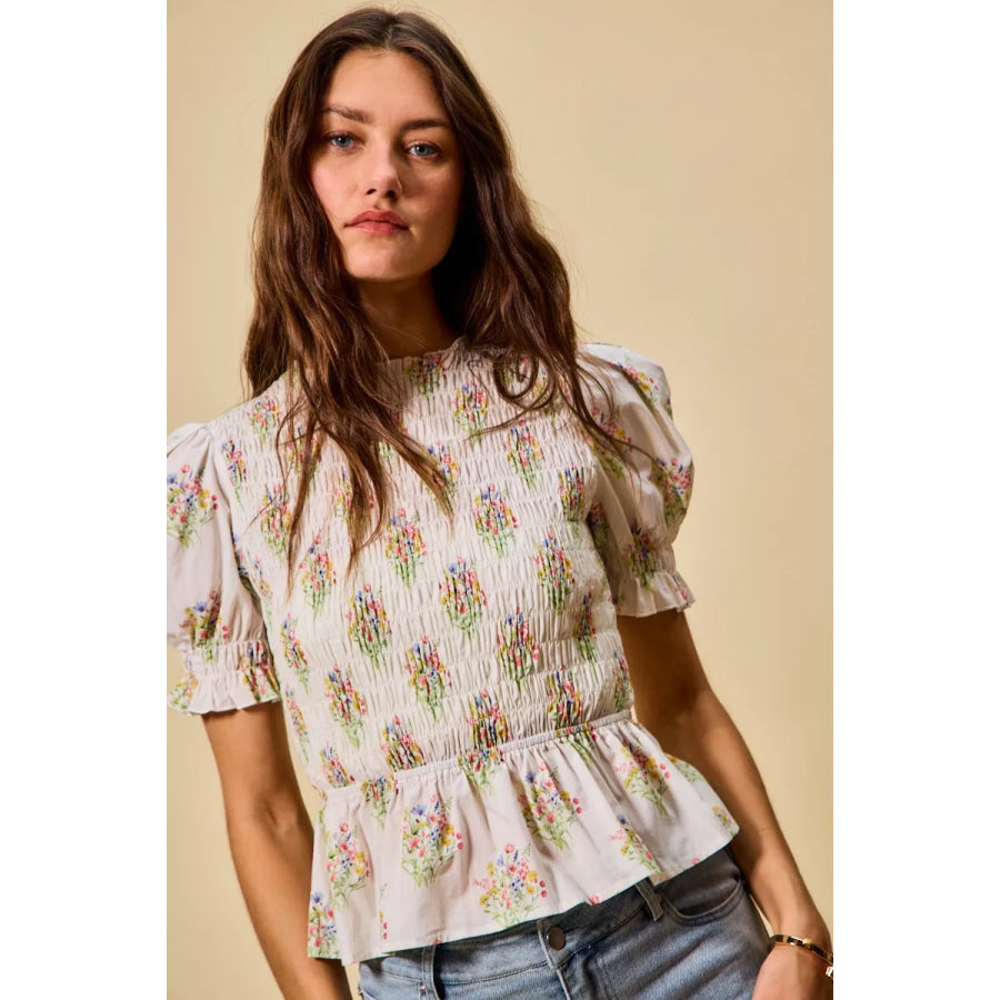SO ME Floral Cotton Smocked Short Sleeves Blouse Apparel and Accessories
