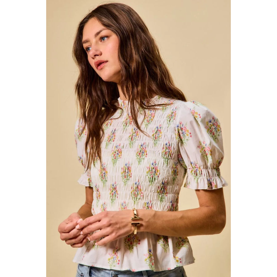 SO ME Floral Cotton Smocked Short Sleeves Blouse Apparel and Accessories