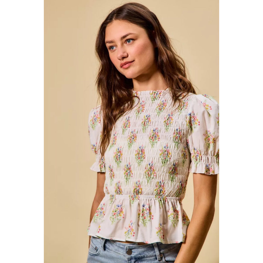 SO ME Floral Cotton Smocked Short Sleeves Blouse Apparel and Accessories