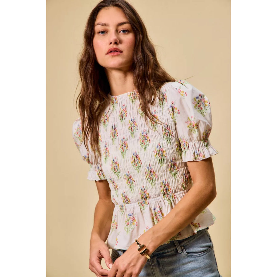 SO ME Floral Cotton Smocked Short Sleeves Blouse Apparel and Accessories