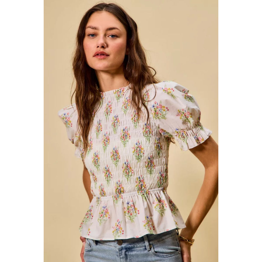 SO ME Floral Cotton Smocked Short Sleeves Blouse Apparel and Accessories
