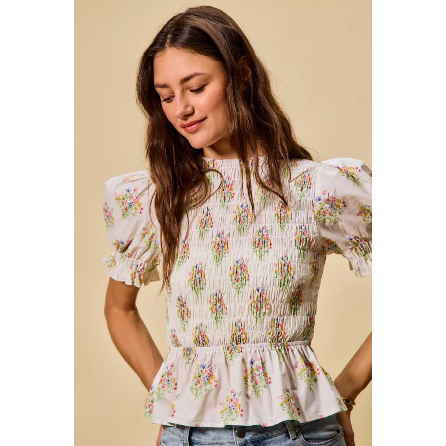 SO ME Floral Cotton Smocked Short Sleeves Blouse Apparel and Accessories