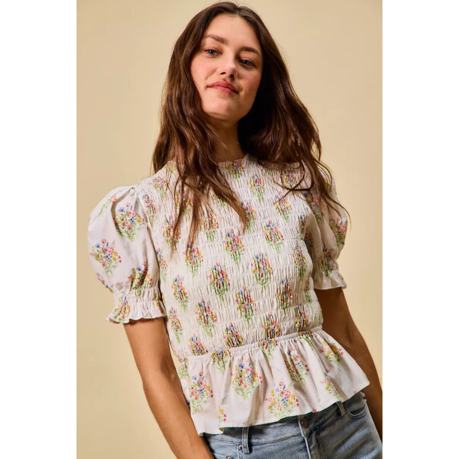 SO ME Floral Cotton Smocked Short Sleeves Blouse IVORY / S Apparel and Accessories