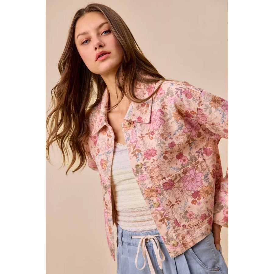 SO ME Floral Print Cotton Twill Button Down Barn Jacket Apparel and Accessories
