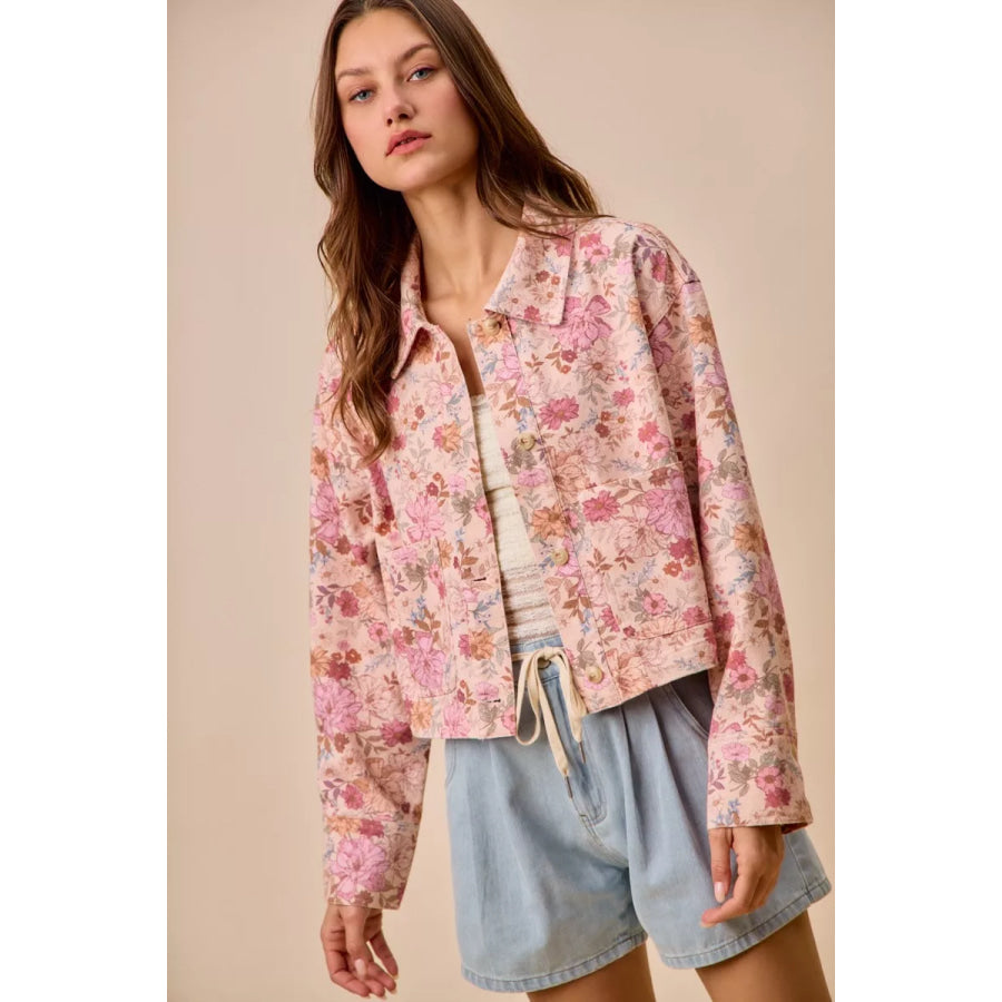 SO ME Floral Print Cotton Twill Button Down Barn Jacket Apparel and Accessories