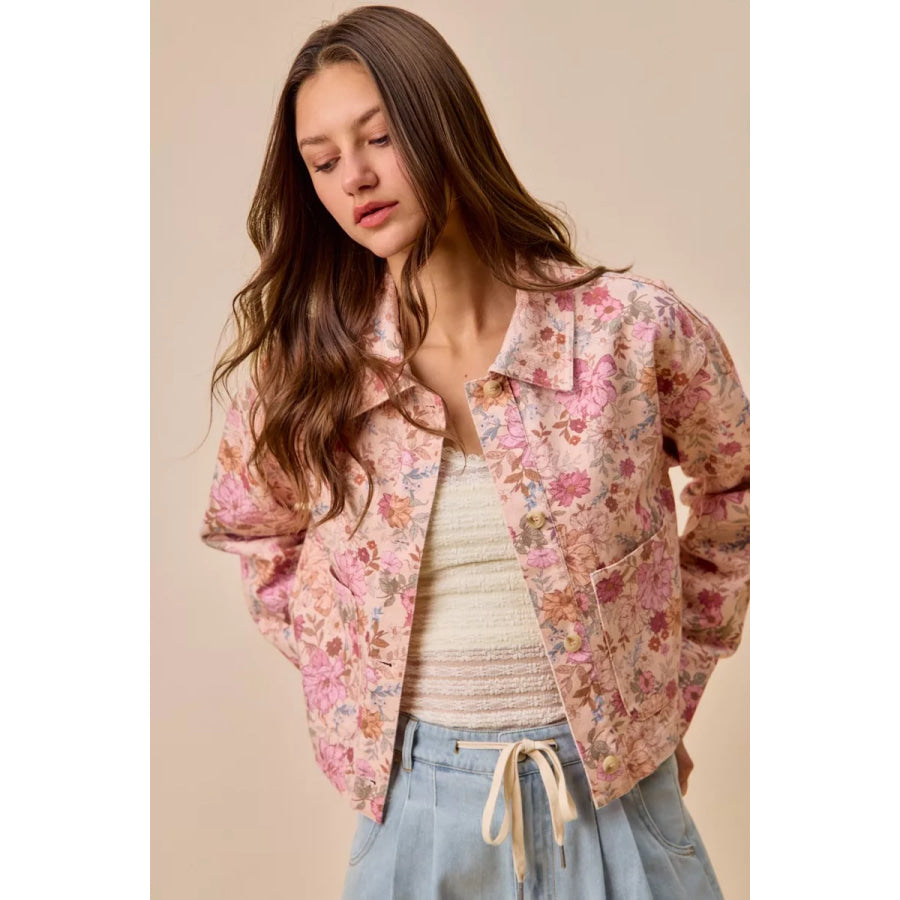 SO ME Floral Print Cotton Twill Button Down Barn Jacket Blush Pink / S Apparel and Accessories