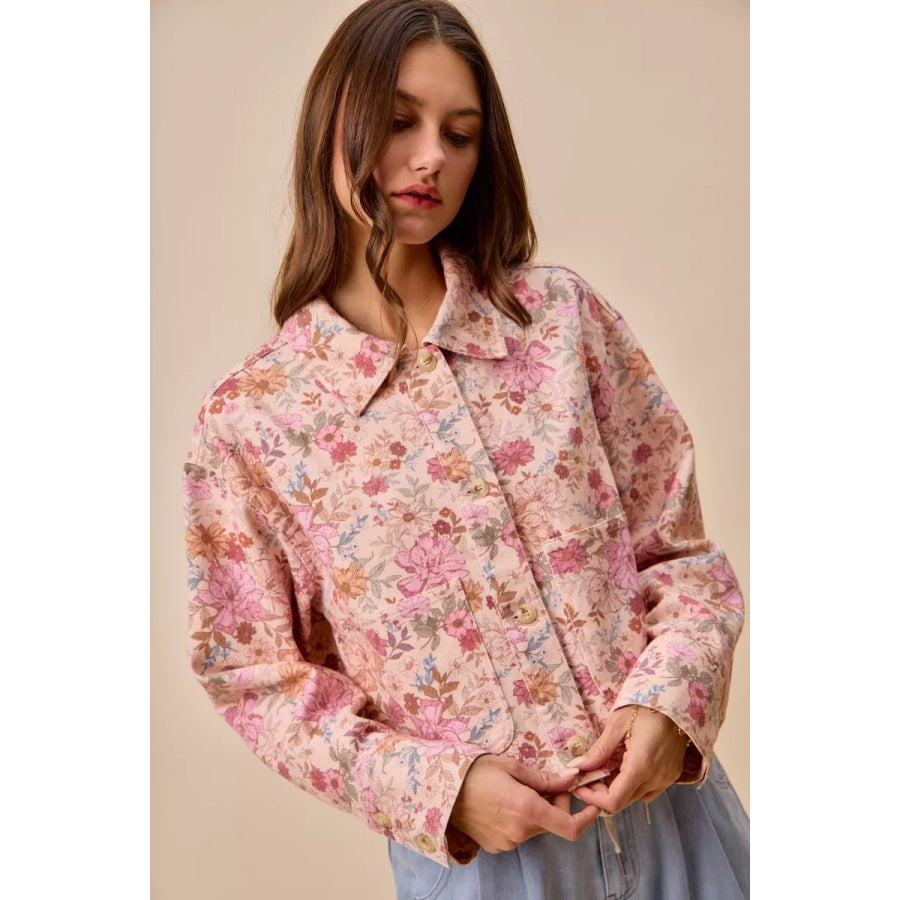 SO ME Floral Print Cotton Twill Button Down Barn Jacket Apparel and Accessories