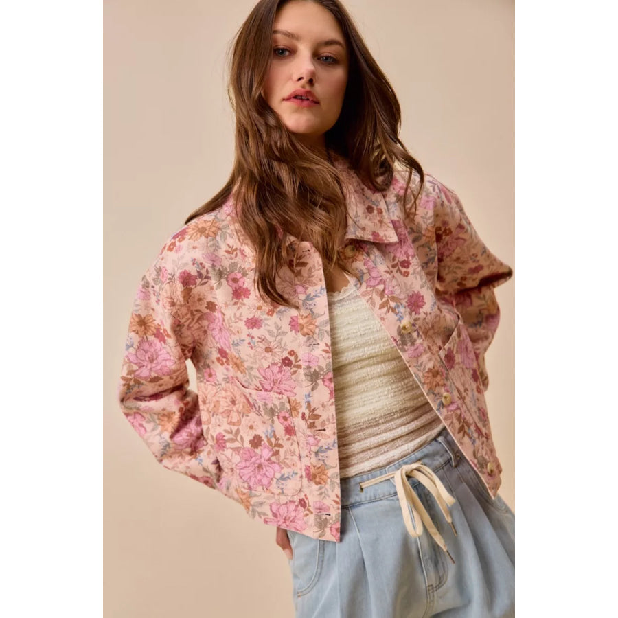 SO ME Floral Print Cotton Twill Button Down Barn Jacket Apparel and Accessories