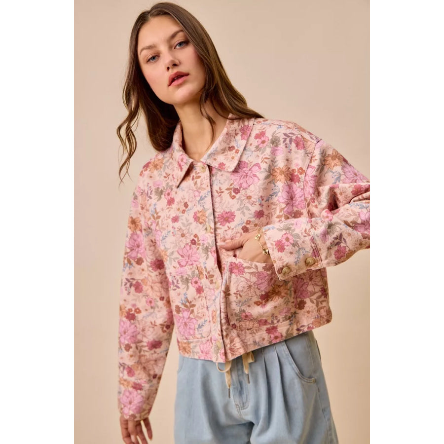 SO ME Floral Print Cotton Twill Button Down Barn Jacket Blush Pink / S Apparel and Accessories