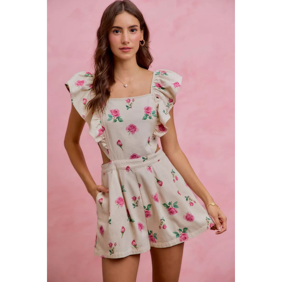 SO ME Floral Print Denim Cut Out Waist Ruffled Romper Apparel and Accessories