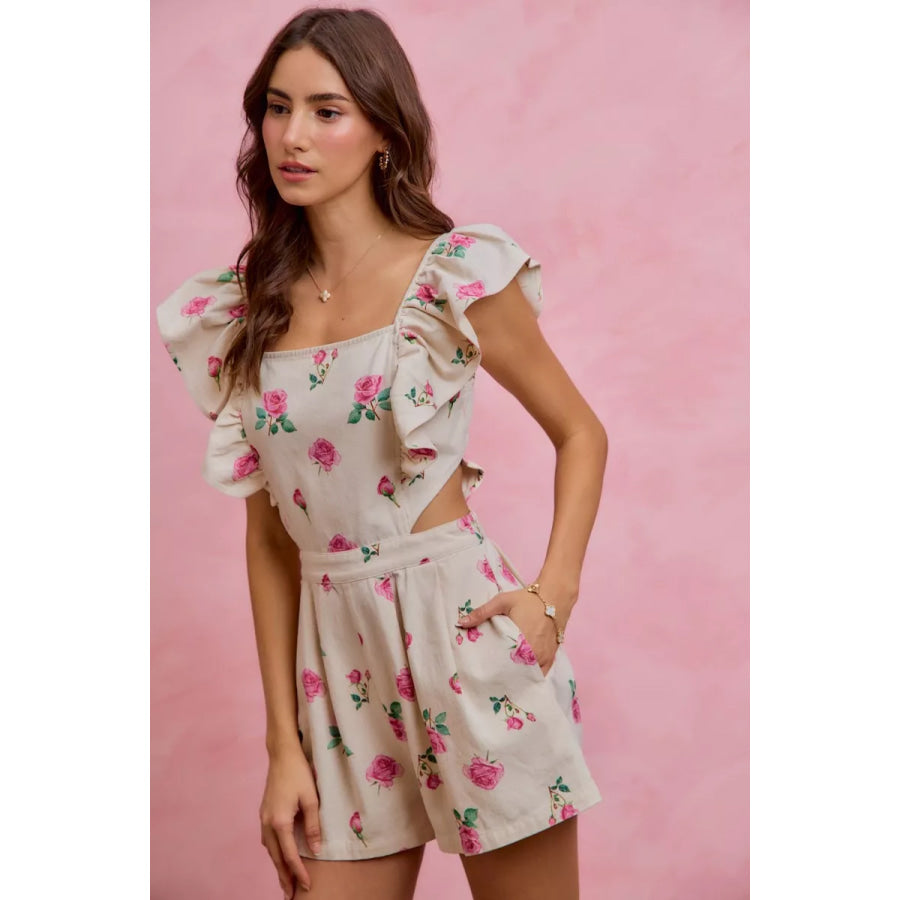 SO ME Floral Print Denim Cut Out Waist Ruffled Romper Apparel and Accessories