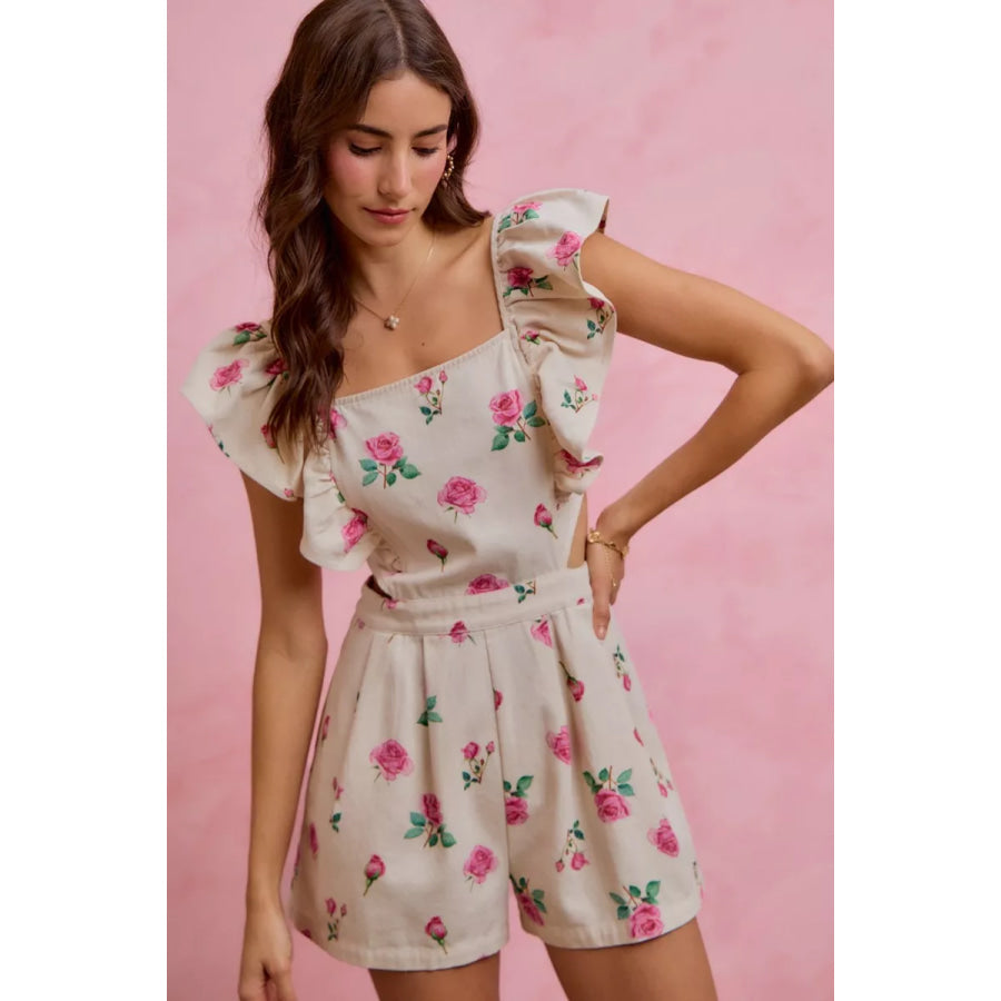 SO ME Floral Print Denim Cut Out Waist Ruffled Romper Apparel and Accessories