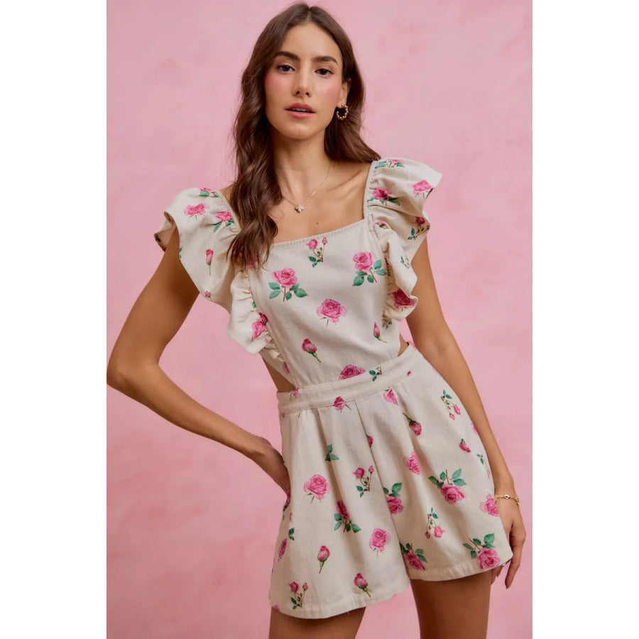 SO ME Floral Print Denim Cut Out Waist Ruffled Romper Apparel and Accessories