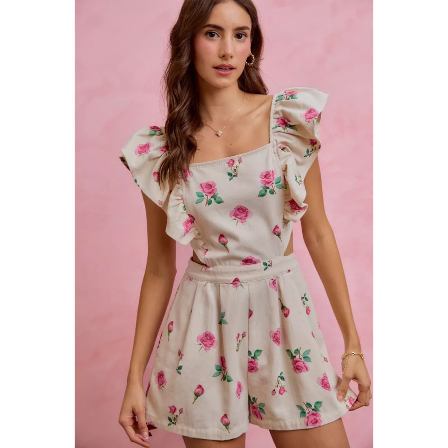 SO ME Floral Print Denim Cut Out Waist Ruffled Romper Apparel and Accessories
