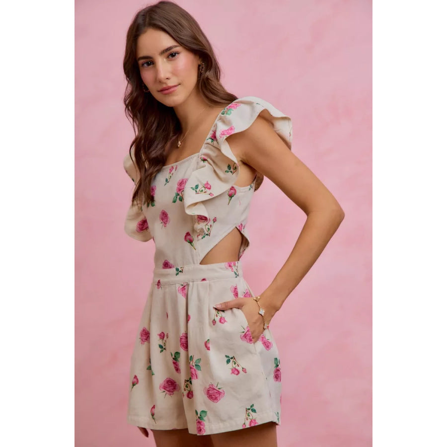 SO ME Floral Print Denim Cut Out Waist Ruffled Romper Apparel and Accessories