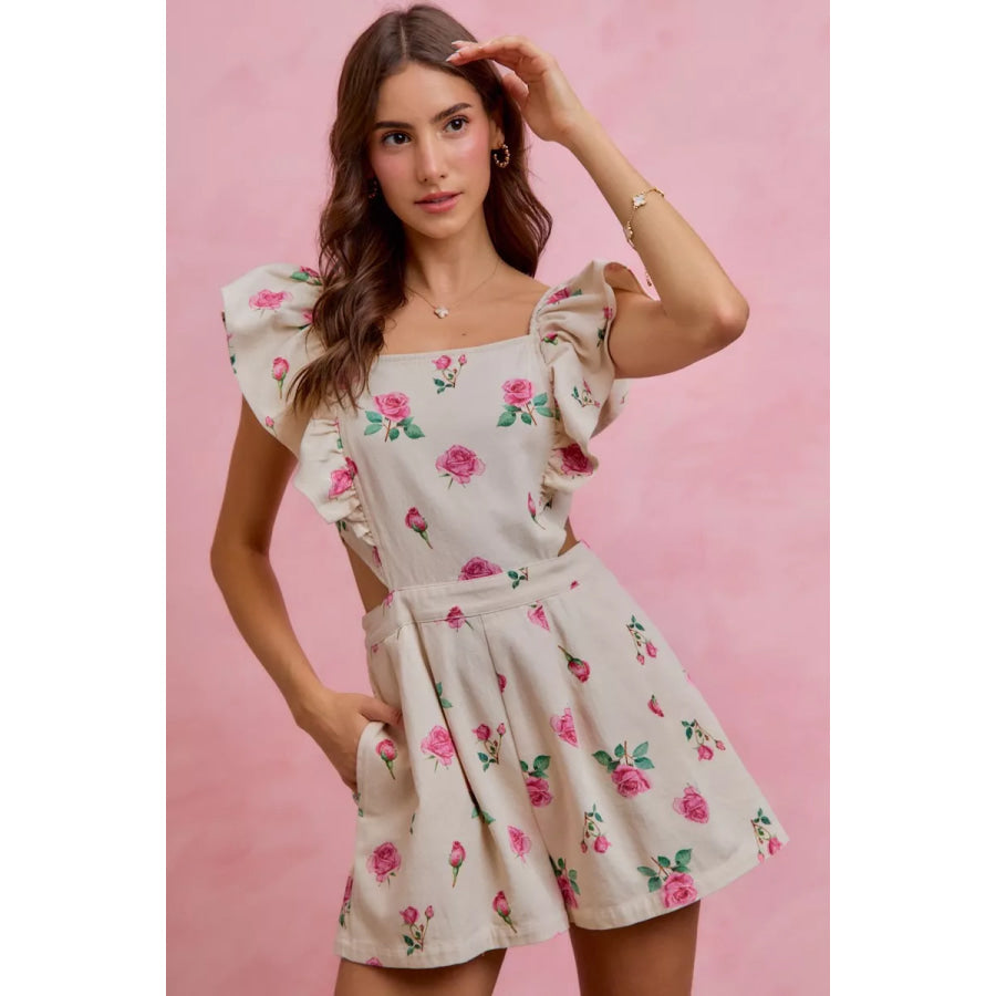 SO ME Floral Print Denim Cut Out Waist Ruffled Romper Apparel and Accessories