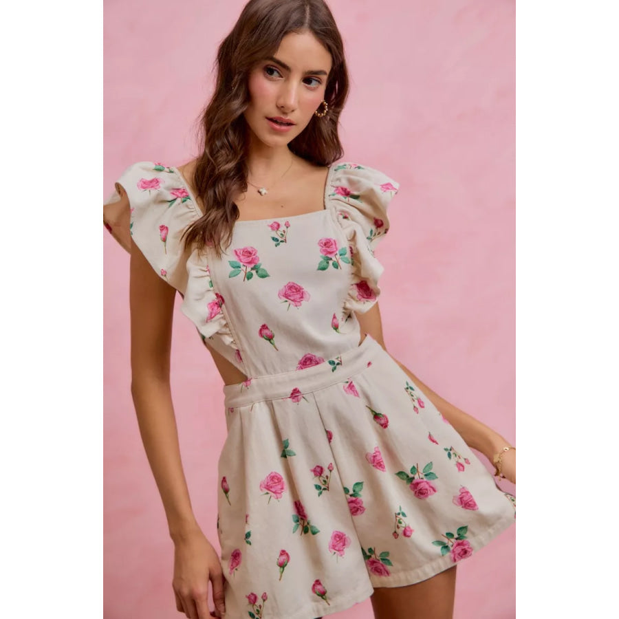 SO ME Floral Print Denim Cut Out Waist Ruffled Romper Apparel and Accessories