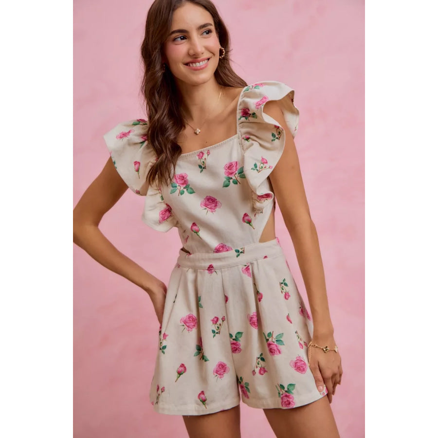 SO ME Floral Print Denim Cut Out Waist Ruffled Romper IVORY/PINK / S Apparel and Accessories