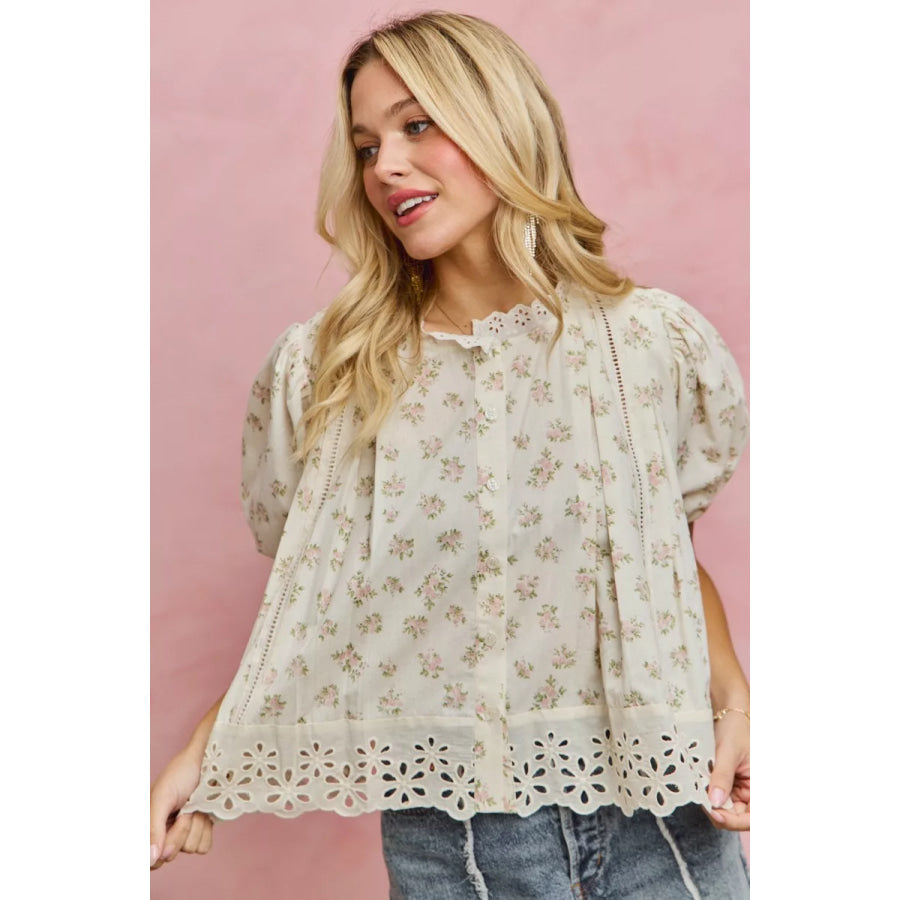 SO ME Floral Print Lace Trim Short Sleeves Blouse Apparel and Accessories
