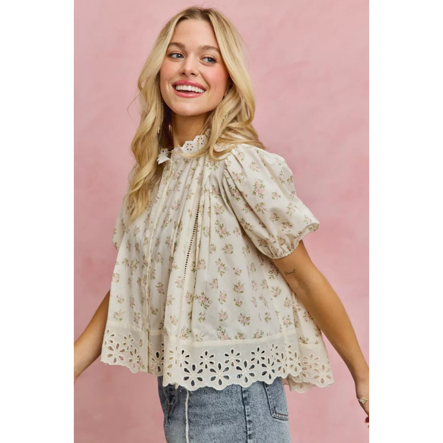 SO ME Floral Print Lace Trim Short Sleeves Blouse Apparel and Accessories