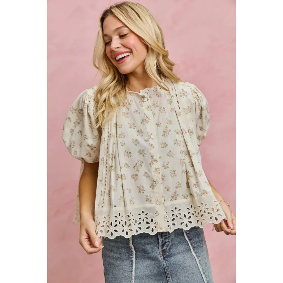 SO ME Floral Print Lace Trim Short Sleeves Blouse Apparel and Accessories