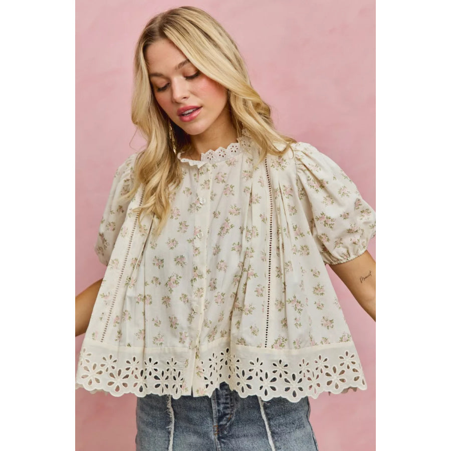 SO ME Floral Print Lace Trim Short Sleeves Blouse Apparel and Accessories