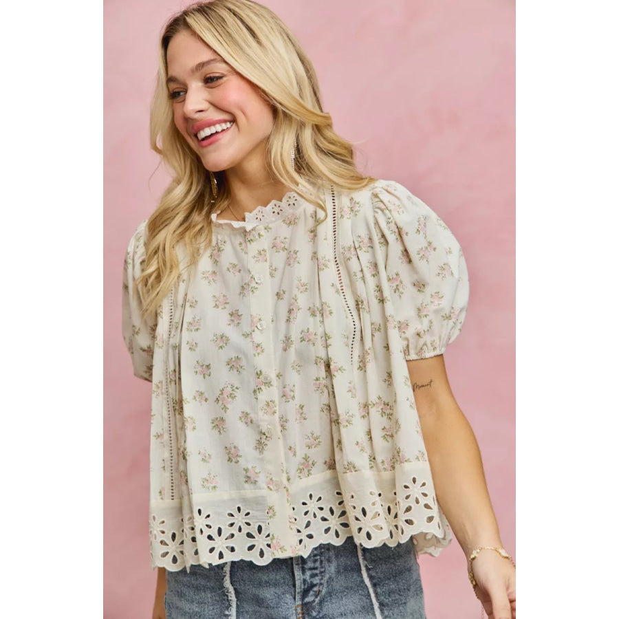SO ME Floral Print Lace Trim Short Sleeves Blouse Apparel and Accessories