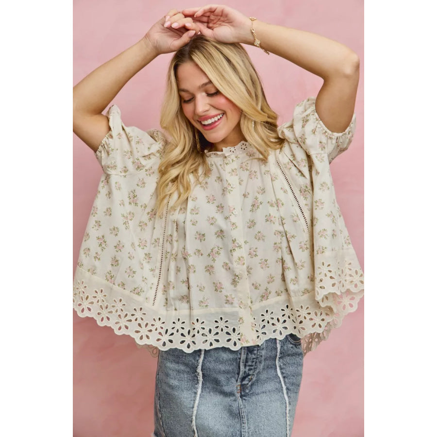SO ME Floral Print Lace Trim Short Sleeves Blouse Apparel and Accessories