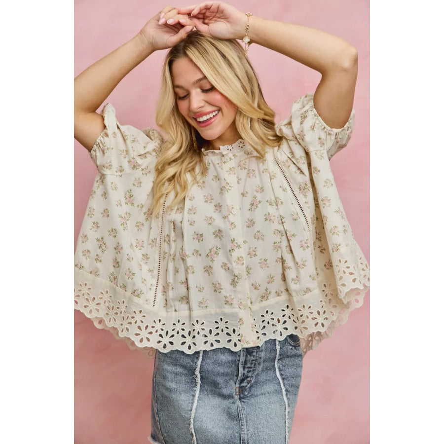 SO ME Floral Print Lace Trim Short Sleeves Blouse Apparel and Accessories
