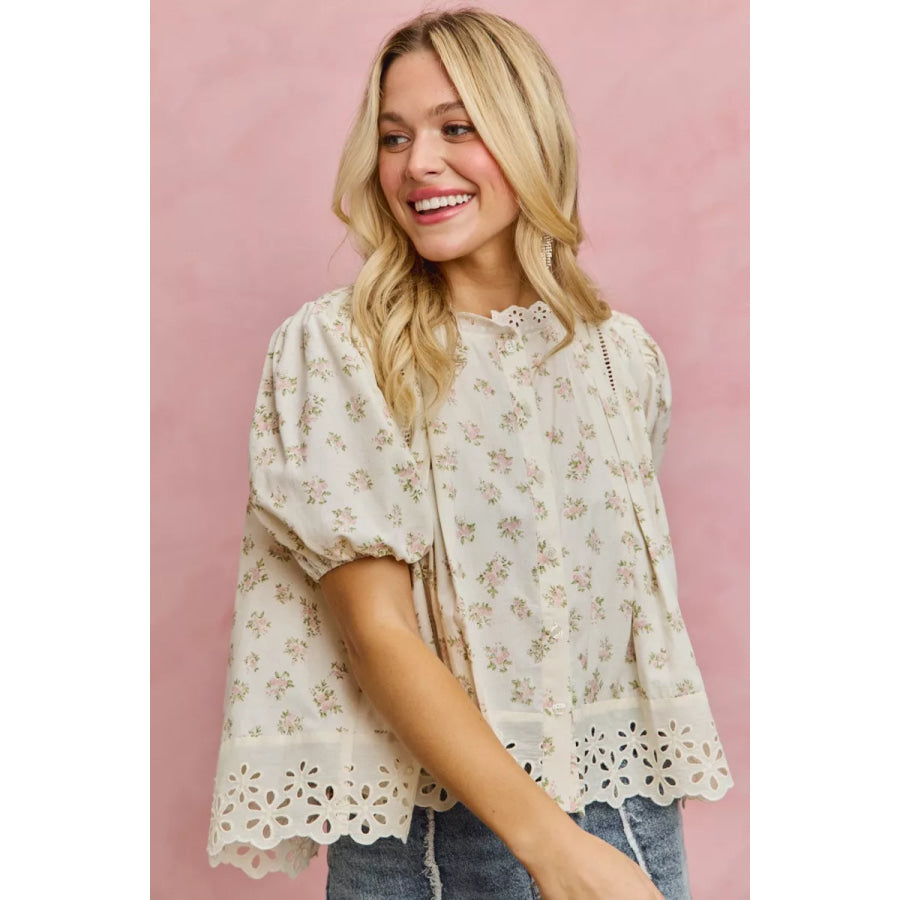SO ME Floral Print Lace Trim Short Sleeves Blouse Apparel and Accessories