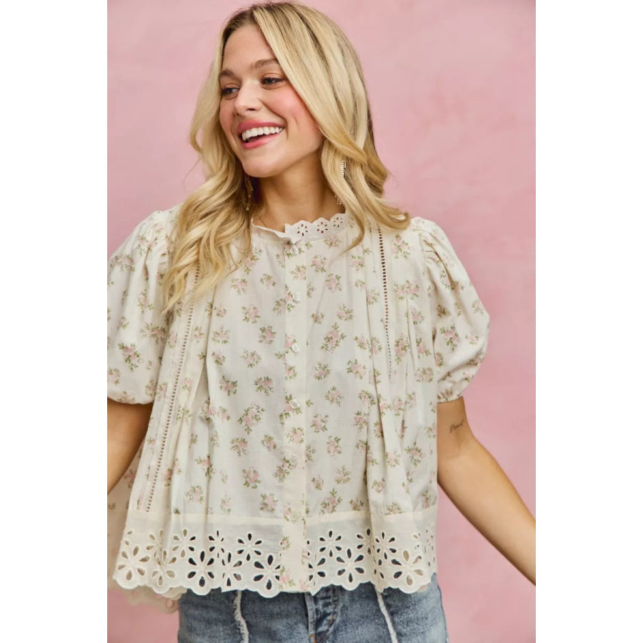 SO ME Floral Print Lace Trim Short Sleeves Blouse Apparel and Accessories