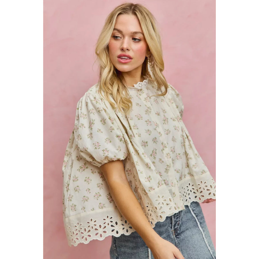 SO ME Floral Print Lace Trim Short Sleeves Blouse Apparel and Accessories