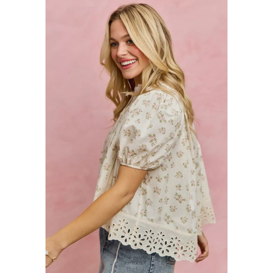 SO ME Floral Print Lace Trim Short Sleeves Blouse Apparel and Accessories