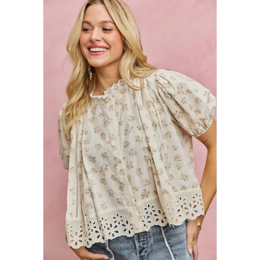 SO ME Floral Print Lace Trim Short Sleeves Blouse BLUSH / S Apparel and Accessories