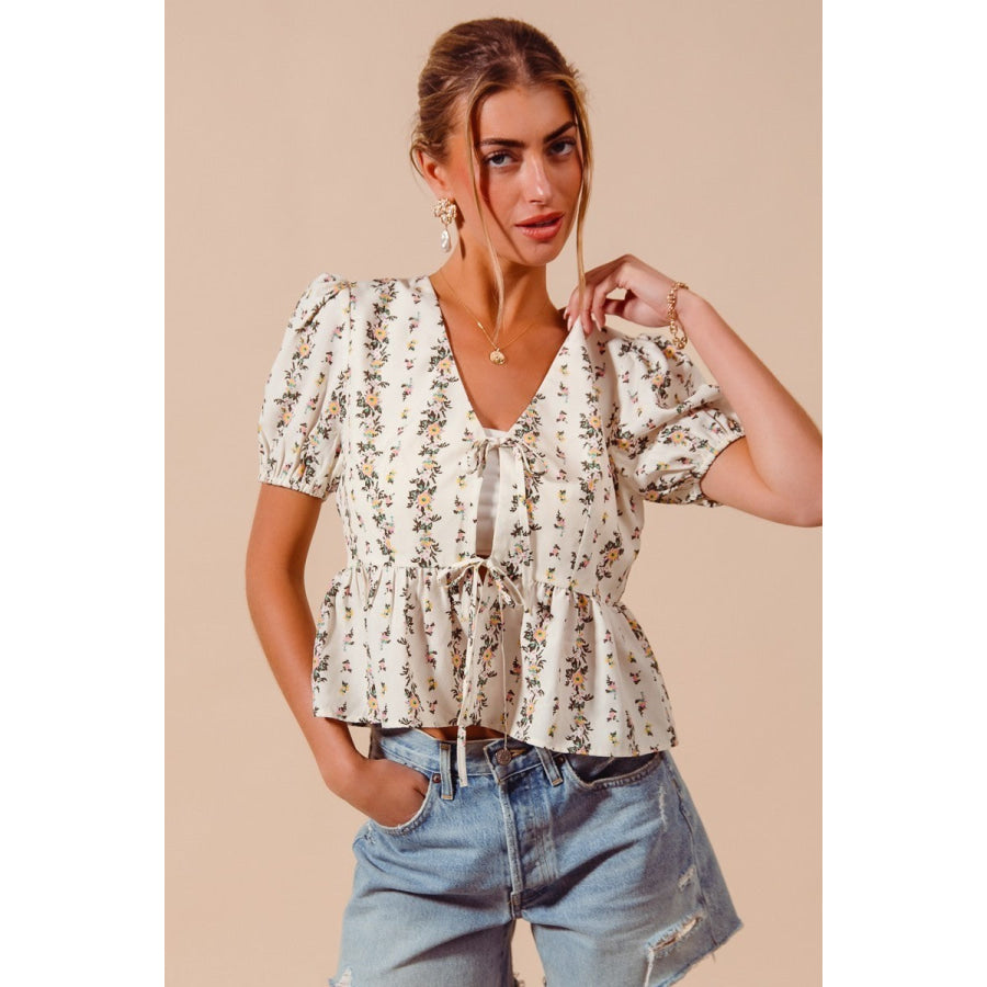 SO ME Floral Print Tie Front Shirred Hem Blouse IVORY / S Apparel and Accessories