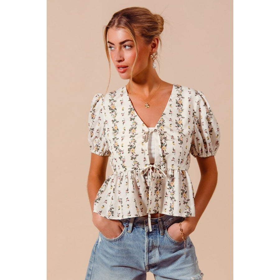SO ME Floral Print Tie Front Shirred Hem Blouse IVORY / S Apparel and Accessories